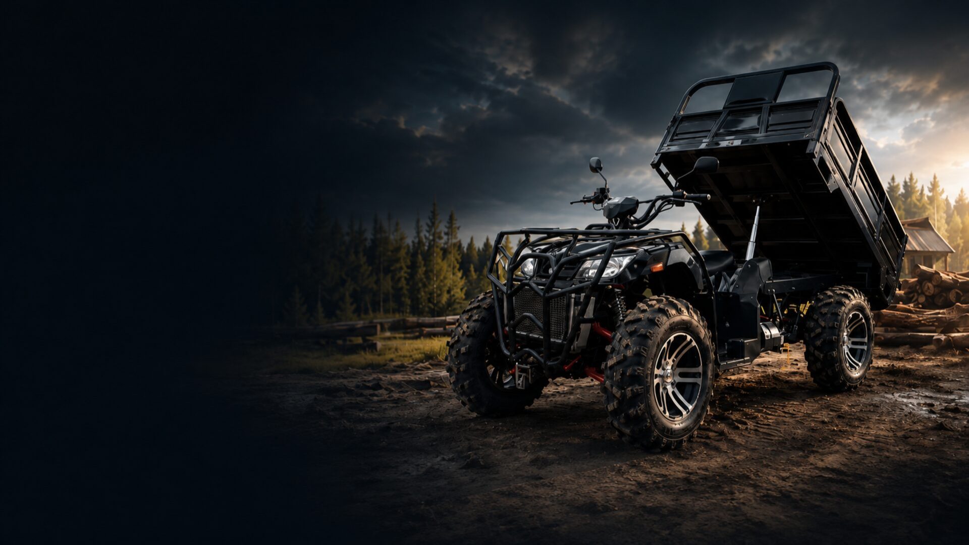 Грузовой квадроцикл 4×4 с поднятым самосвальным кузовом на лесной дороге